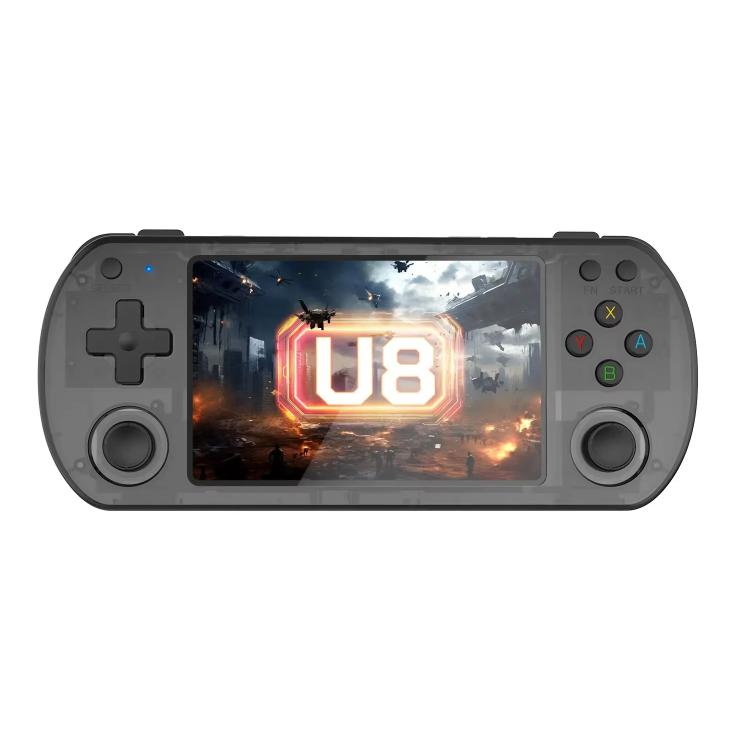 Dark transparent retro handheld game console with touchscreen and ABXY face buttons