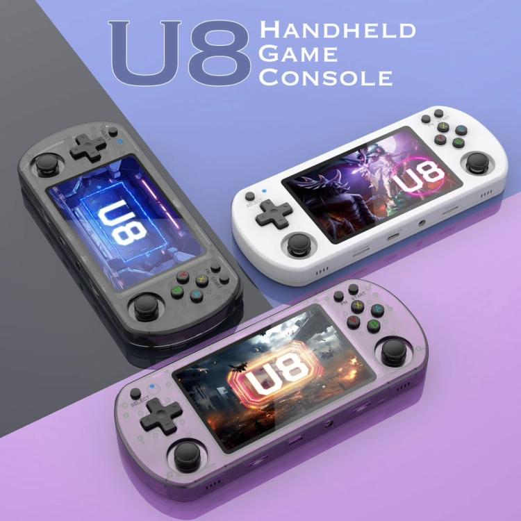 Handheld game consoles set with white and transparent purple units and built-in screens
