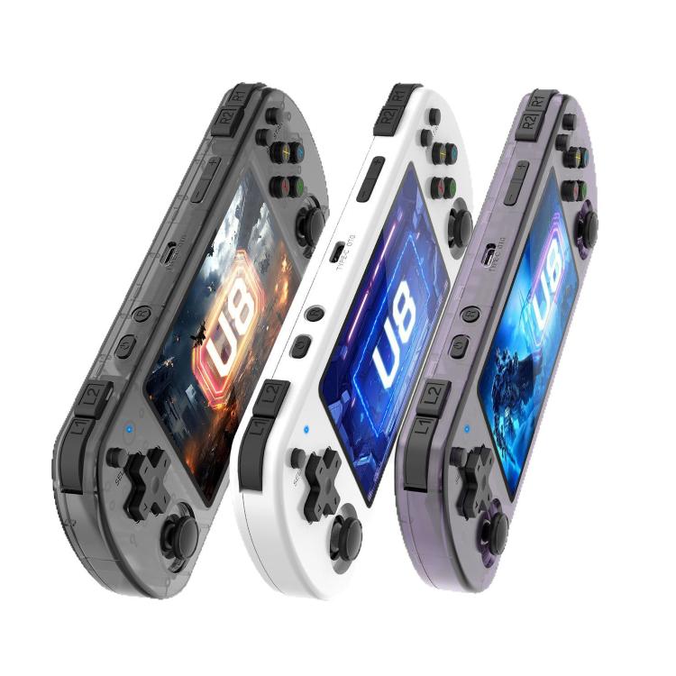 Set of three portable retro handheld game consoles in dark, white, and purple tones