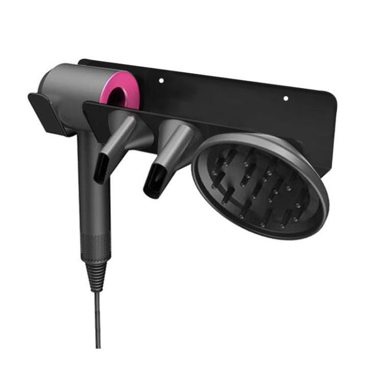 Black wall mount hair dryer nozzle holder with two cradles and side support mounts.