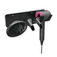 Black adhesive wall mount hair dryer holder with two nozzle cradles and curved clips.