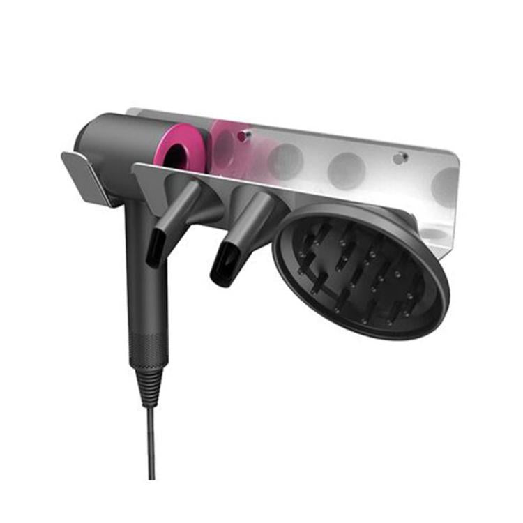 Silver wall mount hair dryer nozzle holder with rose gold accent and black cradle supports.