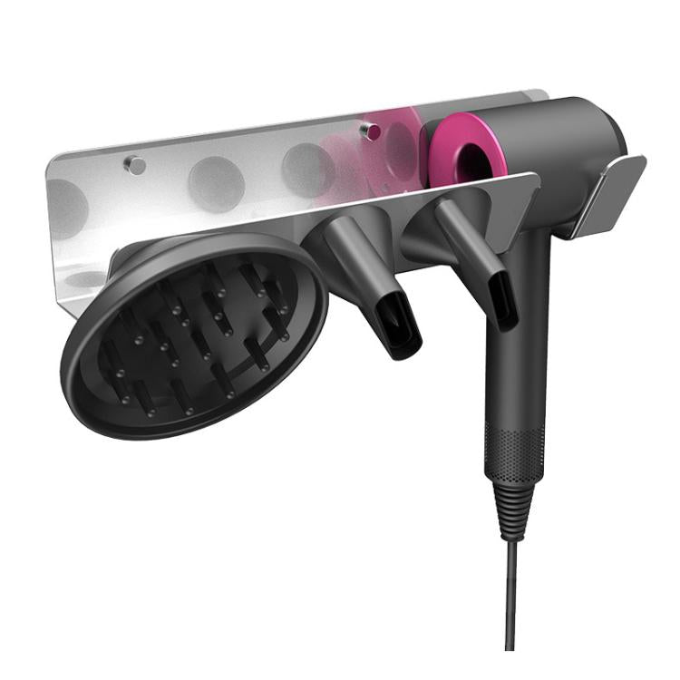 Silver wall mount hair dryer holder with oval diffuser cradle and rose gold side supports.