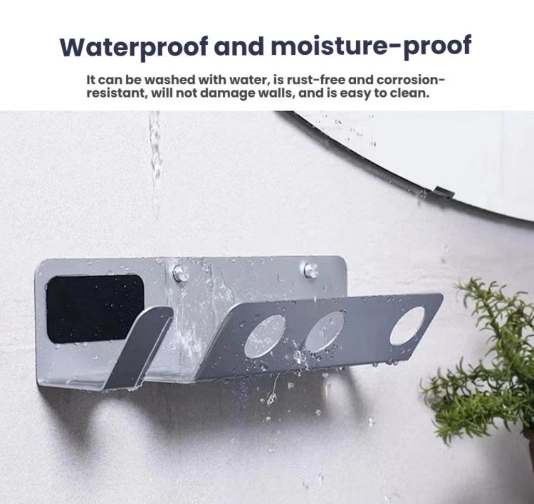Water-resistant metal wall mount hair dryer holder with nozzle cradles and screw holes.