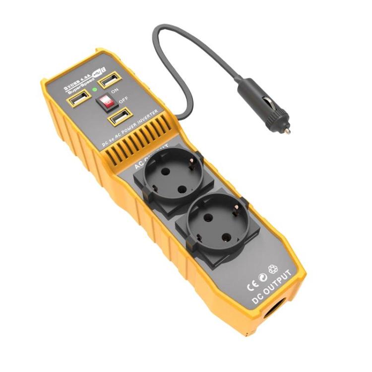 Orange dual-socket car power inverter with two AC outlets and cigarette-lighter plug