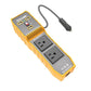 Orange car power inverter showing two AC outlets and control panel with LED indicators