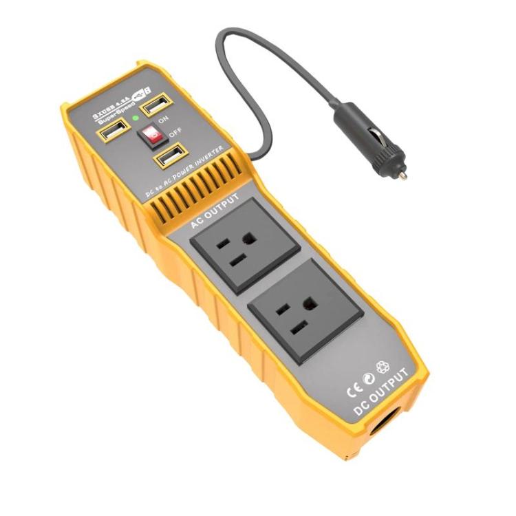 Orange car power inverter showing two AC outlets and control panel with LED indicators