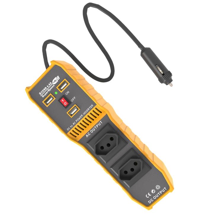 Orange car power inverter angled view with two AC sockets and cigarette-lighter power cord