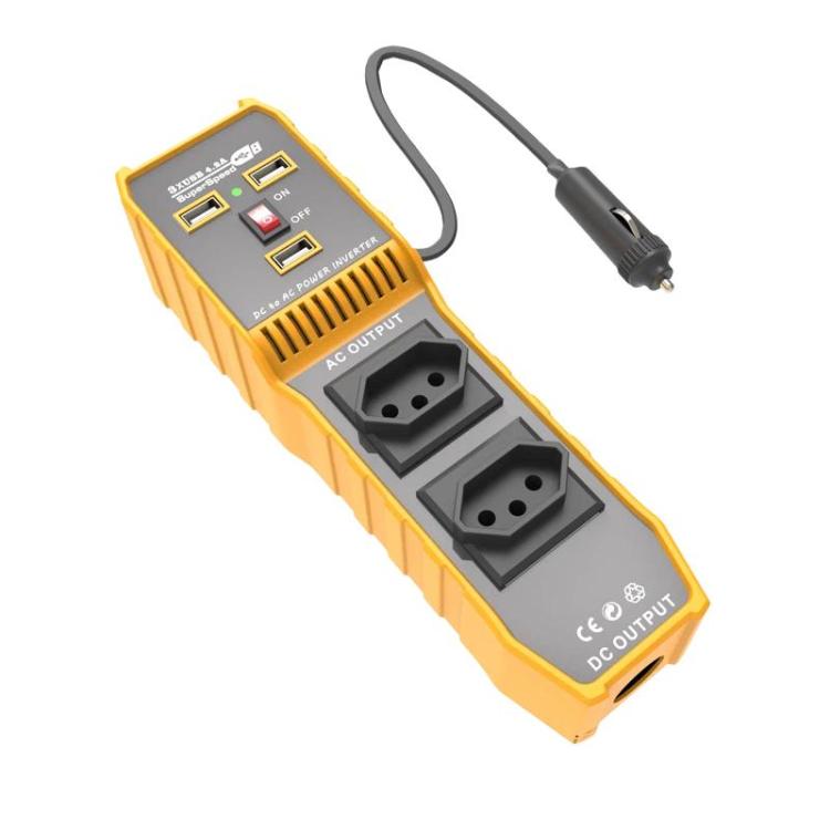Orange dual-outlet car power inverter with two AC plugs and side control switches