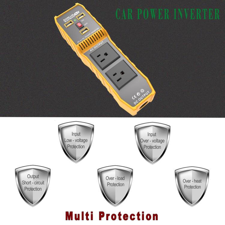 Orange car power inverter with two AC outlets and multi-protection indicator labels