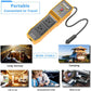 Orange portable car power inverter with two AC outlets and charging cord for travel use