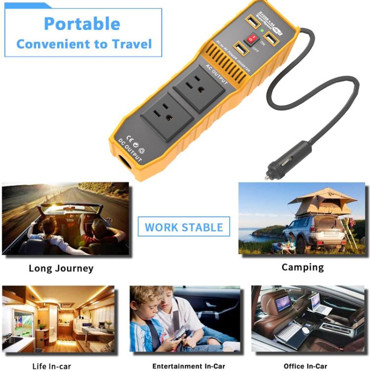 Orange portable car power inverter with two AC outlets and charging cord for travel use