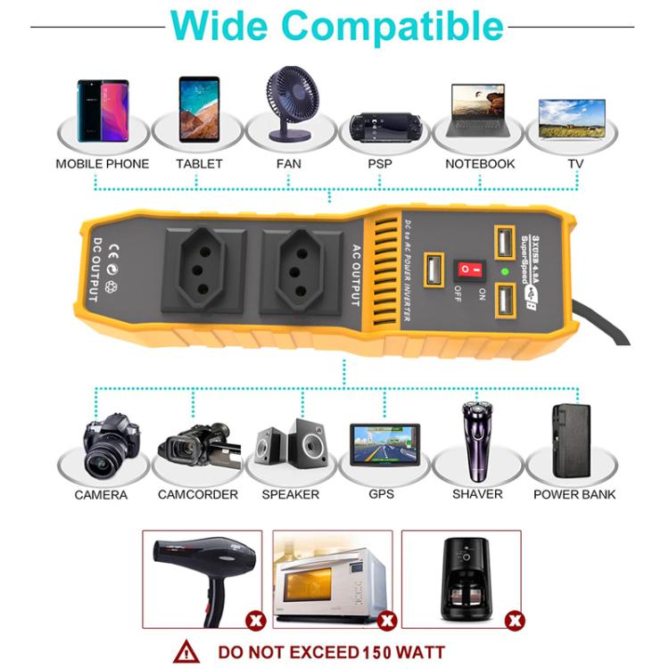 Orange car power inverter with two AC sockets and USB ports, wide compatibility shown
