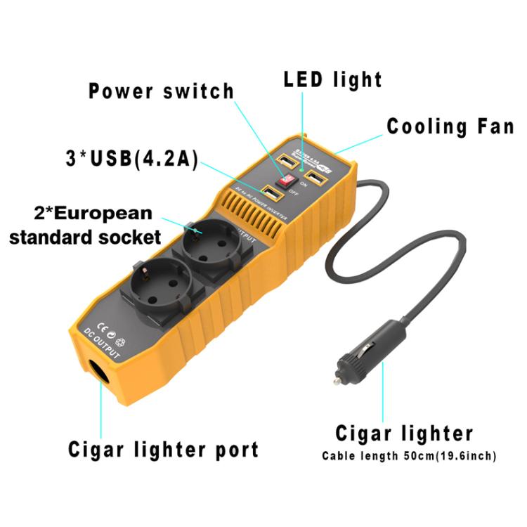 Orange car power inverter with cooling fan, LED light, and cigarette-lighter port features