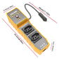 Orange dual-socket car power inverter with two AC outlets and labeled dimensions