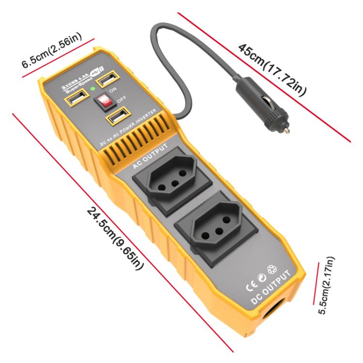 Orange dual-socket car power inverter with two AC outlets and labeled dimensions