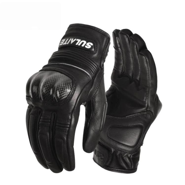 Motorcycle leather full-finger gloves with armored knuckles and grip padding, black