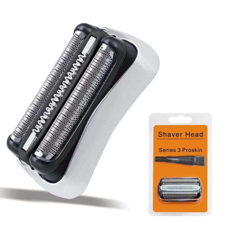 Replacement shaver head with two metal cutting foils on a gray mounting base