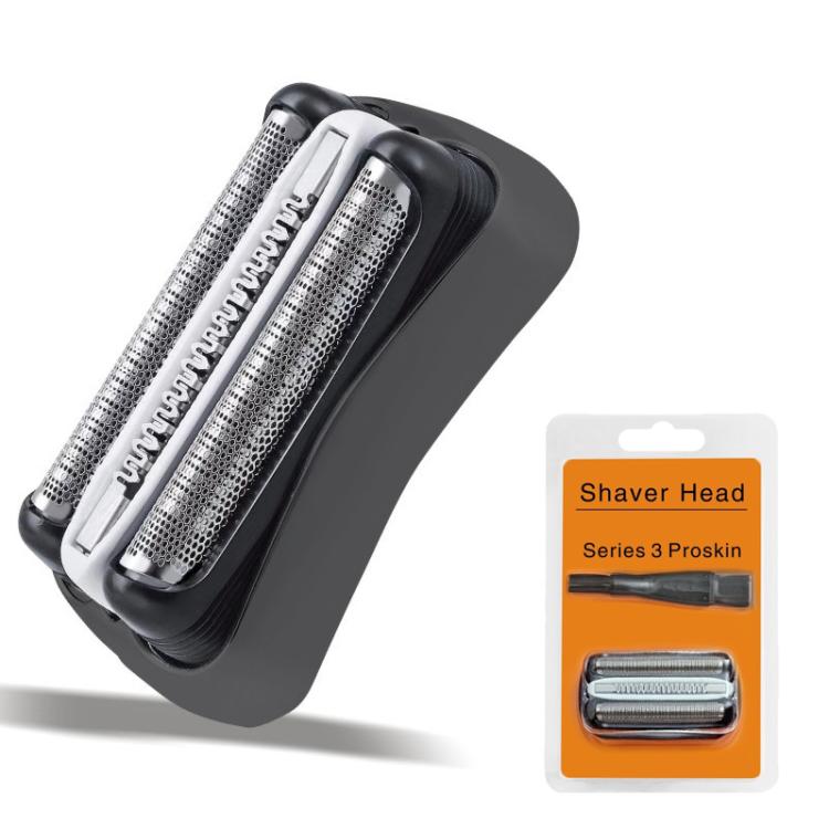 Replacement shaver head with two metal cutting foils in black frame and white insert