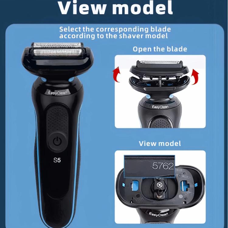 Shaver model view showing replacement blade installation and blade open-close diagram