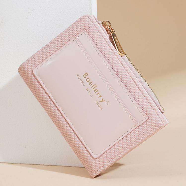 Pink compact zip card wallet with multi-card slots and front logo patch.