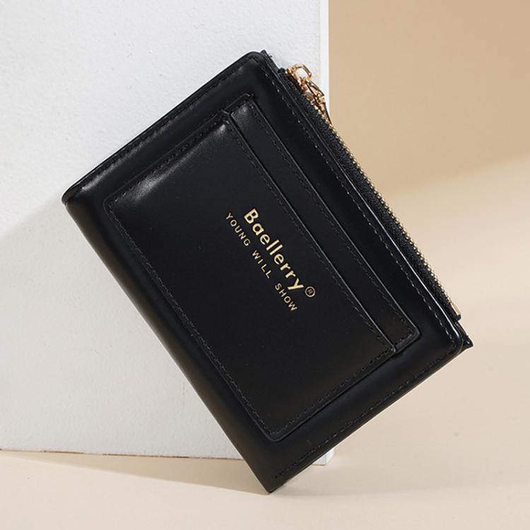Black compact zip card wallet with multi-card slots and front logo patch.