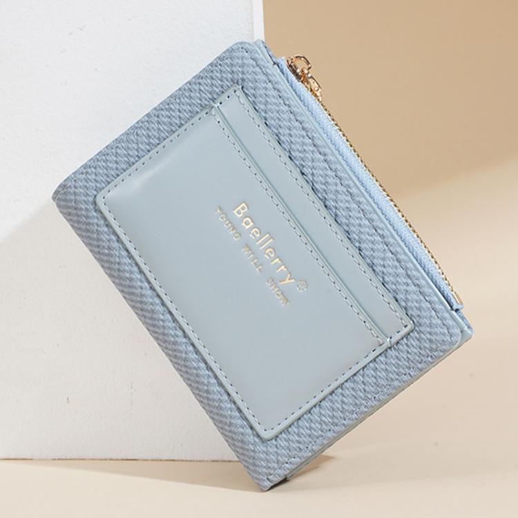 Light blue compact zip card wallet with multi-card slots and front logo patch.