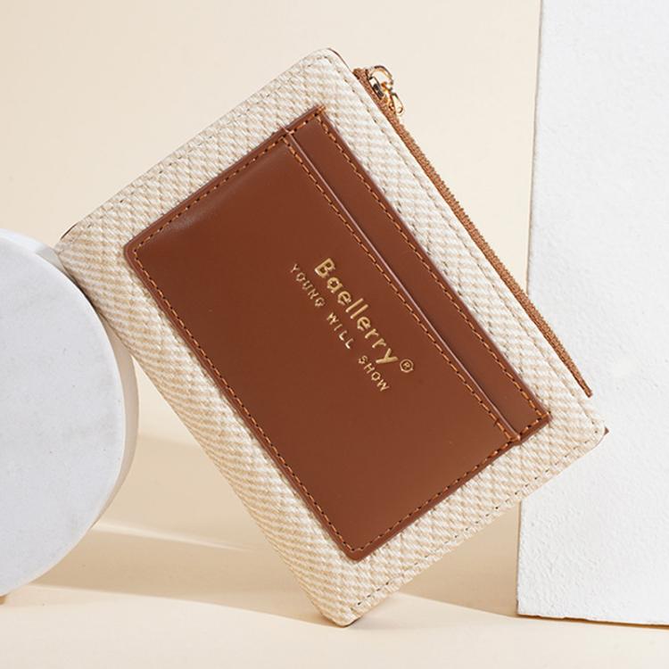 Apricot brown compact zip card wallet with multi-card slots and front logo patch.