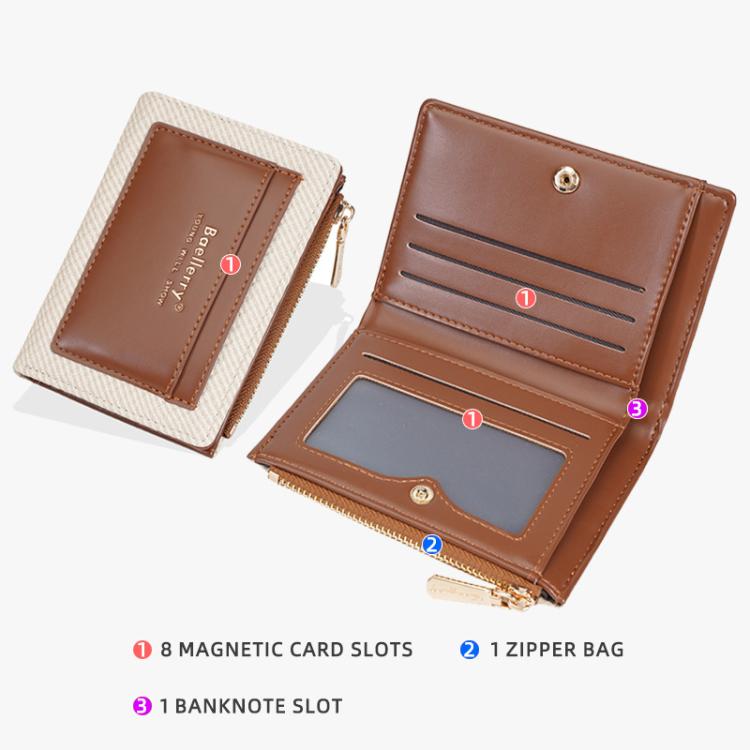 Brown compact zip card wallet open, showing card slots and zipper coin pouch.