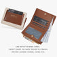 Brown compact zip card wallet open, showing multiple card slots and zipper pouch.
