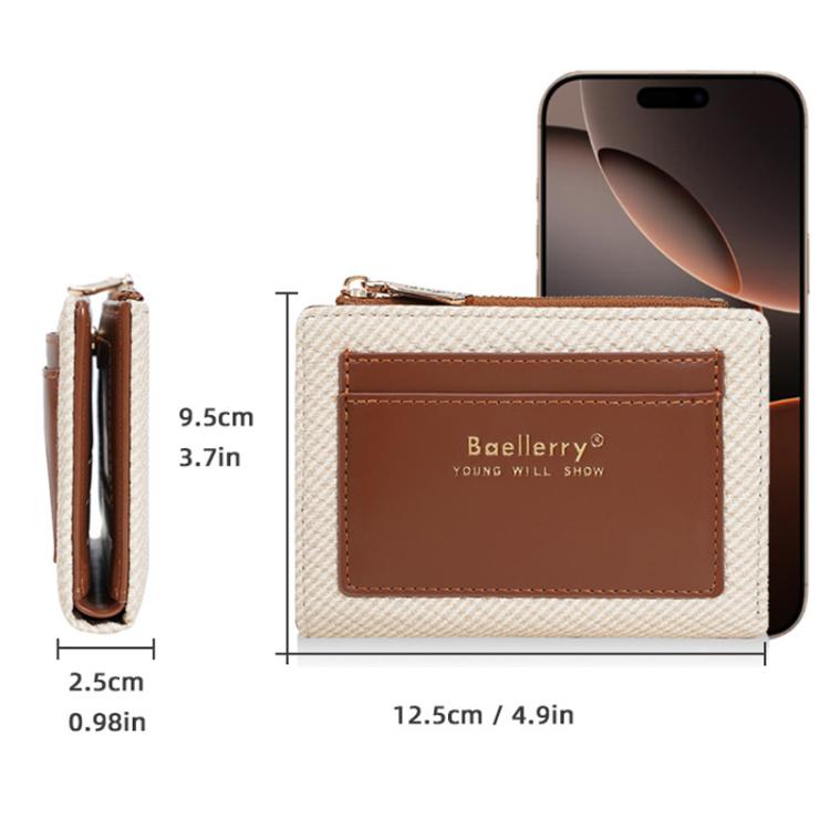 Cream compact zipper wallet with brown front pocket, multi-card slots, Baellerry logo