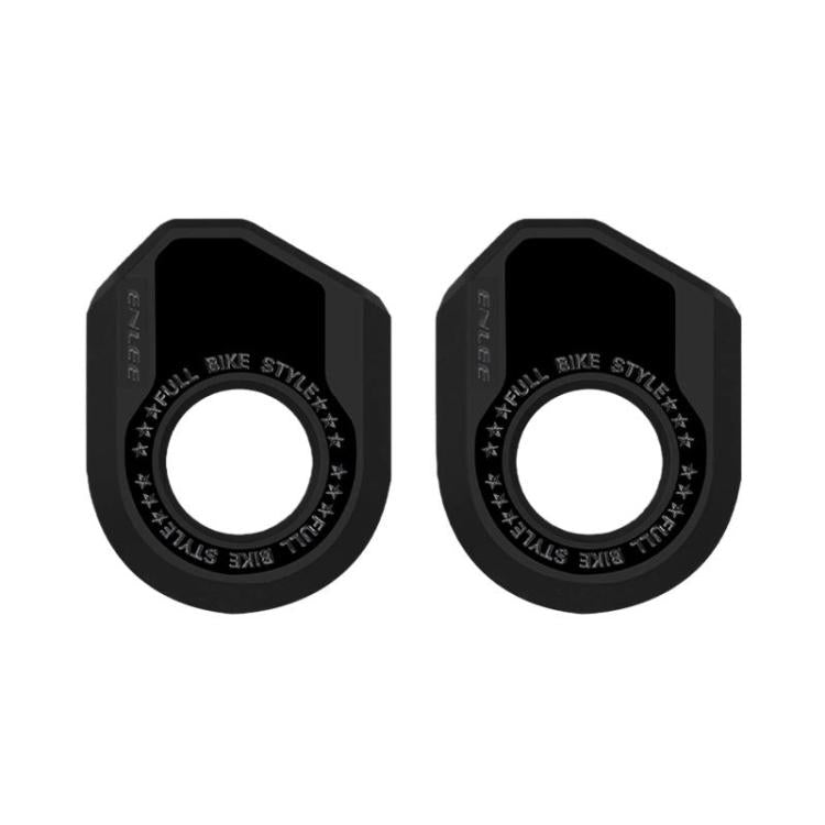 Set of black bike crank protector sleeves with circular opening, embossed ring detail, 2-pack