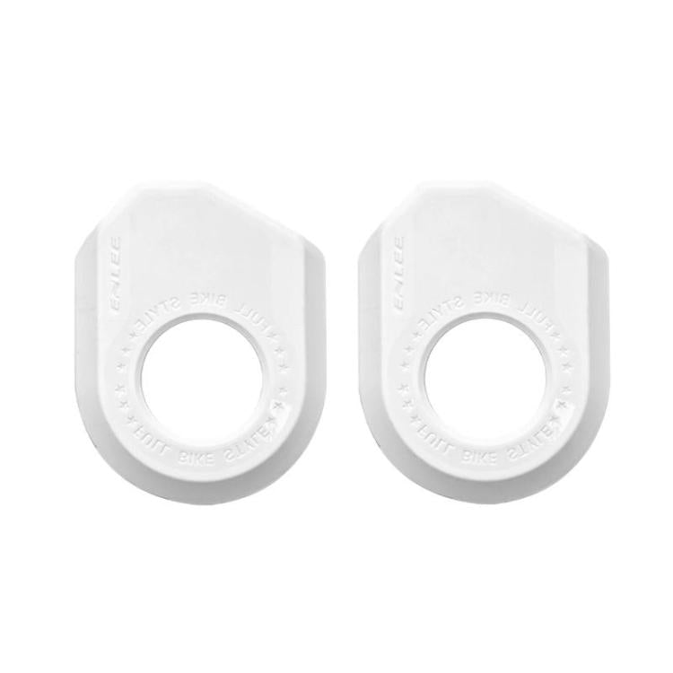 Set of white bike crank protector sleeves with circular opening, embossed ring and side logo, 2-pack