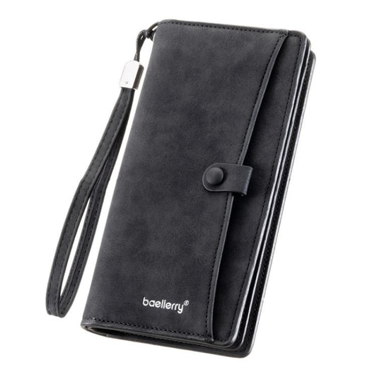 Men's long wallet in dark faux leather with snap strap, wristlet and zip closure
