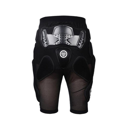 SULAITE black protective riding pants with silver spine plate, hip pads, and mesh panels