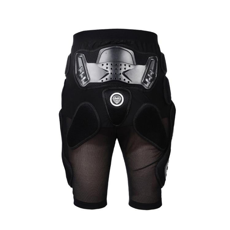 SULAITE black protective riding pants with central shield logo, hip armor, and mesh inserts