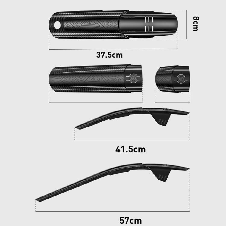 Black carbon-textured universal bike mudguard pieces with size diagram