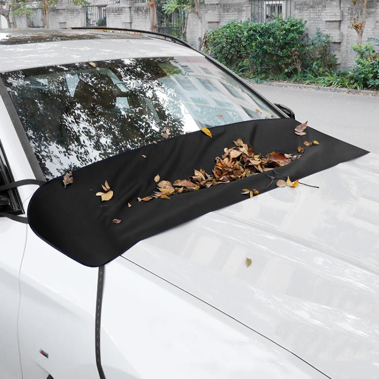 Black windshield wiper dust cover on car windshield holding fallen leaves and debris