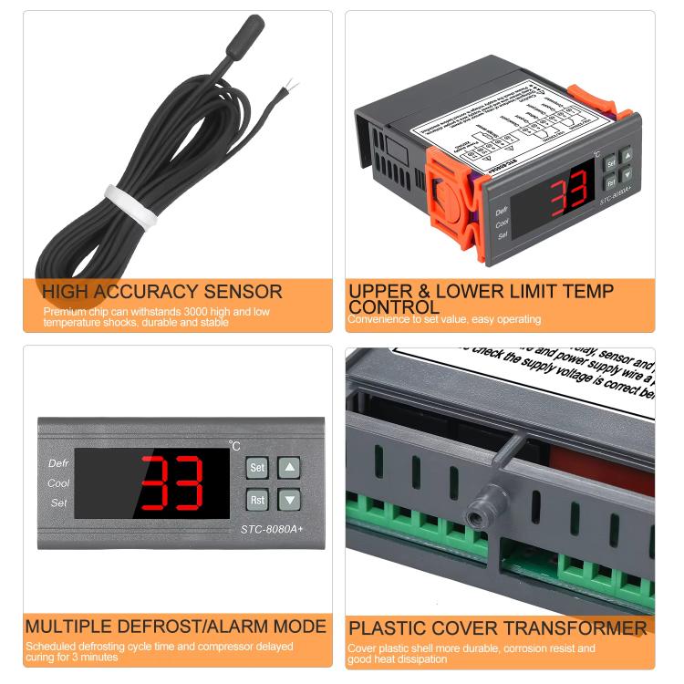 STC-8080A+ Digital Temperature Controller for Refrigeration with Defrost Function & Alarm, for Cold Room, Commercial Freezer, STC-8080A+ 220V