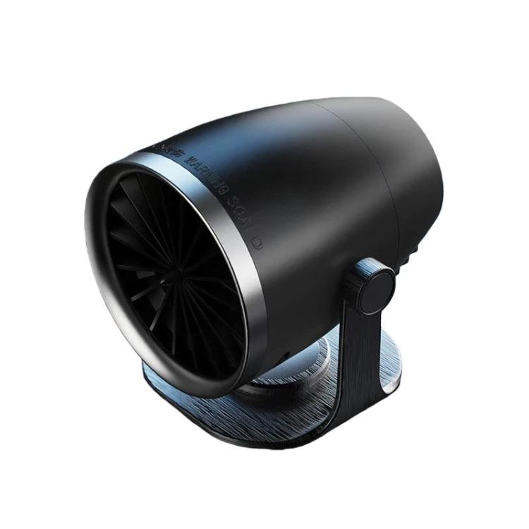 Compact black vehicle heater with circular fan nozzle and side control knob