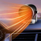 Black cylindrical vehicle-mounted heater showing warm airflow from front nozzle