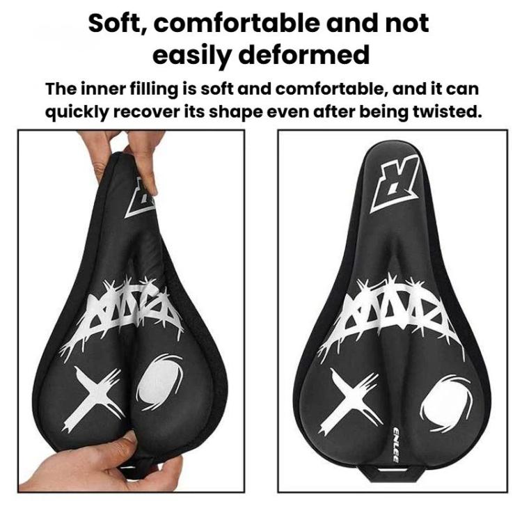 Black bike saddle cover with white graphics shown recovering shape after pressure