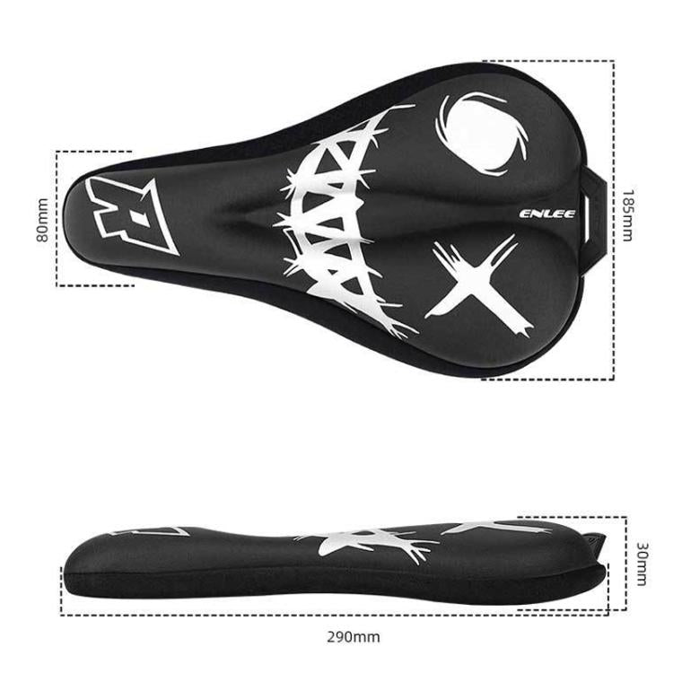 Black bike saddle cover with white graphics with length and width size diagram