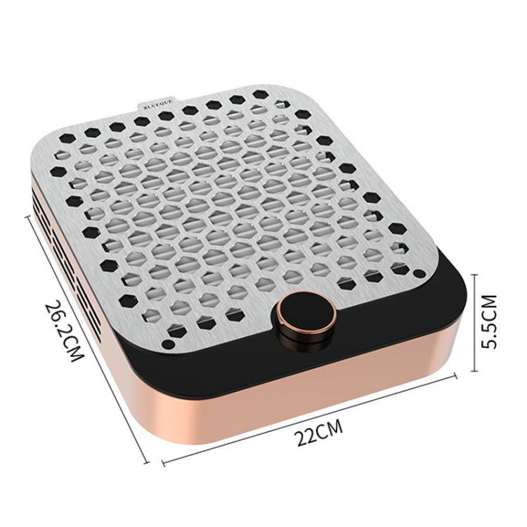 Nail dust collector with perforated suction top, rose gold sides, black base and dial