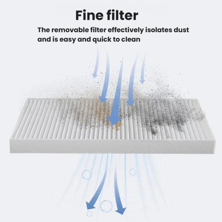 Nail dust collector removable fine filter pad with dust-capture airflow arrows