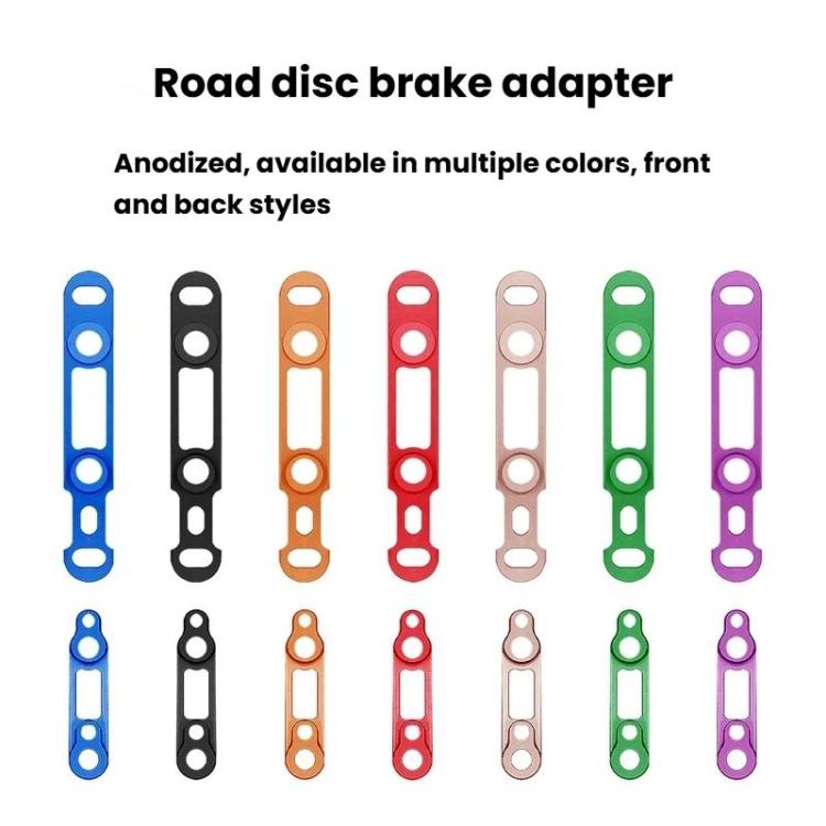 Road disc brake adapter set with assorted anodized color clamp plates and bolt holes.