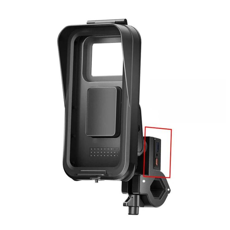 Waterproof motorcycle phone holder with enclosed touchscreen window and side USB port