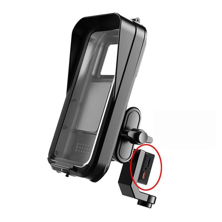 Waterproof phone holder with rear-style mount and visible side charging port