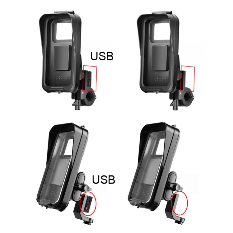 Waterproof phone holder with multiple mounting positions and side charging port access