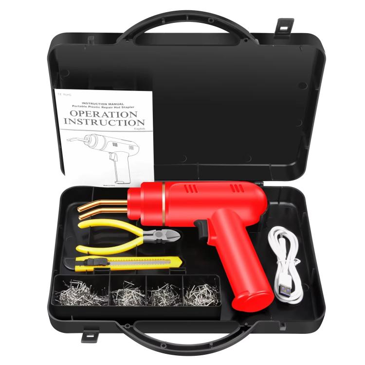 Car bumper repair welding machine kit with red handheld welding gun and accessory set